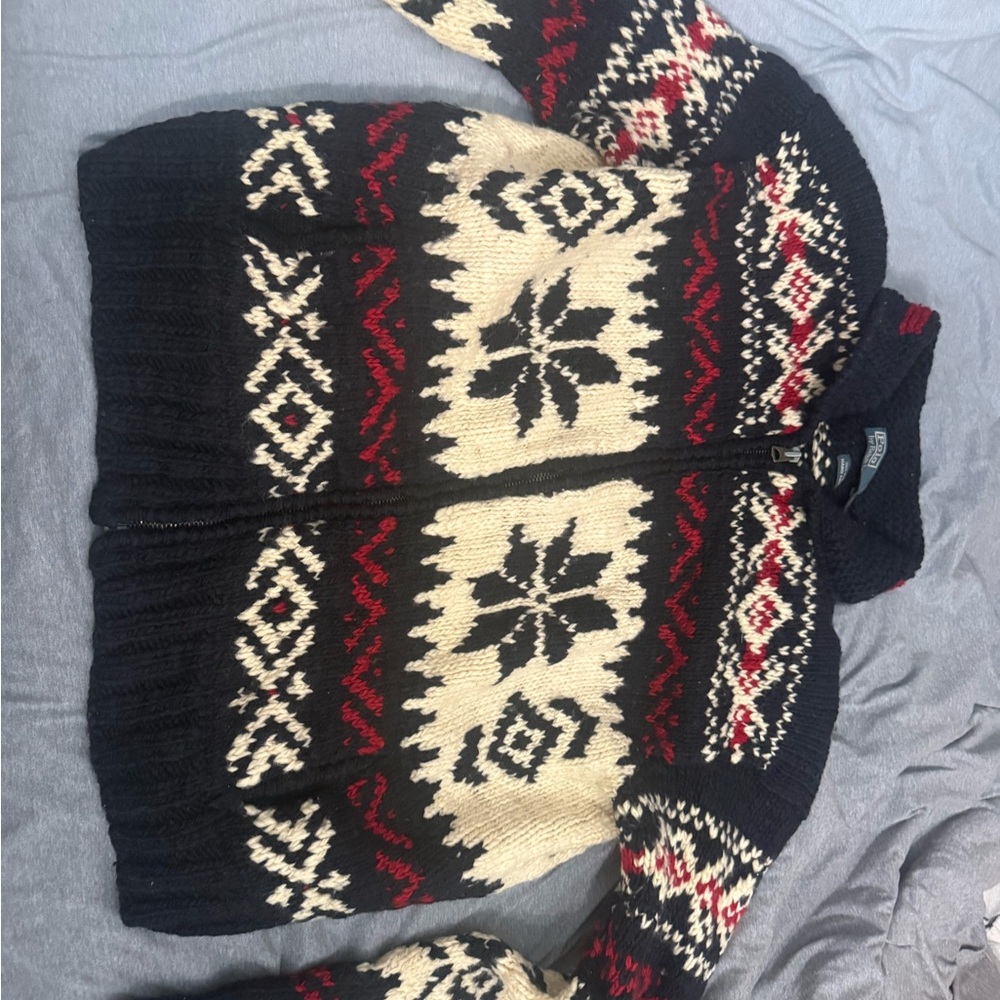 Polo by Ralph Lauren Navy Wool Hand-Knit Sweater with Cream & Red Details - Picture 2 of 6